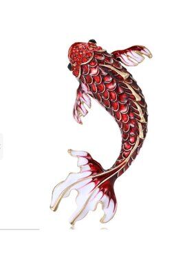 Red Enamel Lucky Koi Fish Brooch Gold-Tone with Crystal Accents